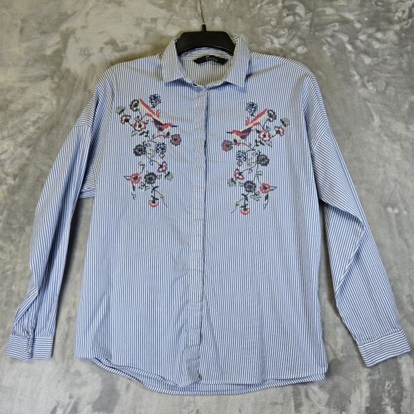 Low Vision Tops - Low Vision Button Up Shirt Blouse Womens Large Blue Stripe Flora Bird Embroidery
